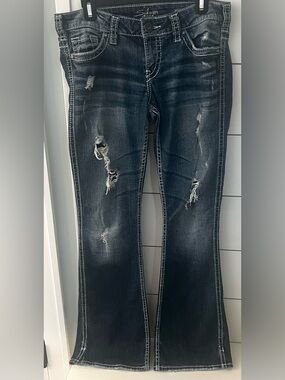 Silver Jeans Women's Dark Distressed Flare Boot Cut Jeans